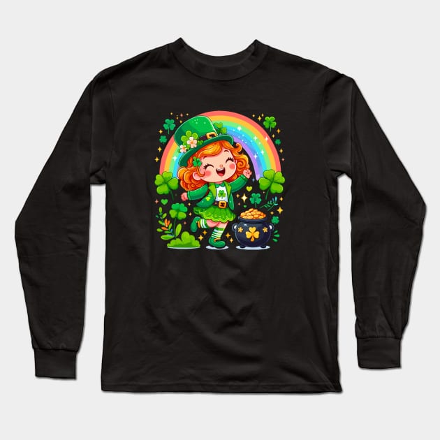 A cute Irish Lassie dancing an Irish jig celebrates St Patrick's Day with a rainbow a pot of gold and shamrocks Irish Pride Irish American four leaf clovers Long Sleeve T-Shirt by Tees 4 Thee